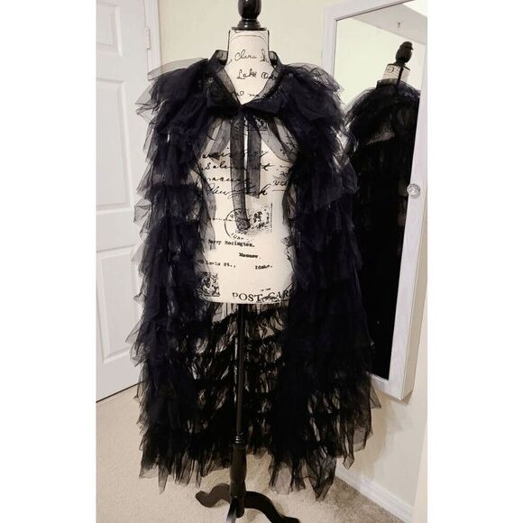 🖤 NEW Goth Tier Layered Tulle Mesh Petticoat Train Wrap Hi-Lo Black Open Skirt - Picture 10 of 17